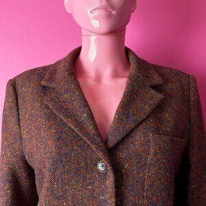 Vintage 80s 14 Brown Wool Blazer Jacket Flecked Tweed Multicolor Single Breasted